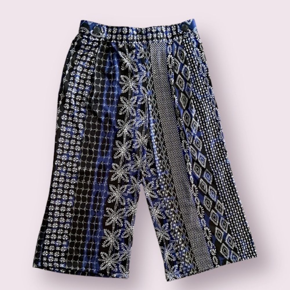 Robert Louis Palazzo Cropped Pants in a Black, Blue and White Boho Print